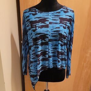 Shana Black Blue Sheer Asymmetrical Long Sleeve Shirt Sz Med